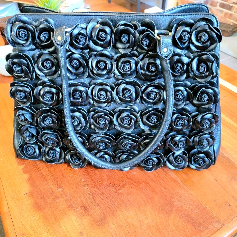Black Leather Rose Tote Clever Carriage Company